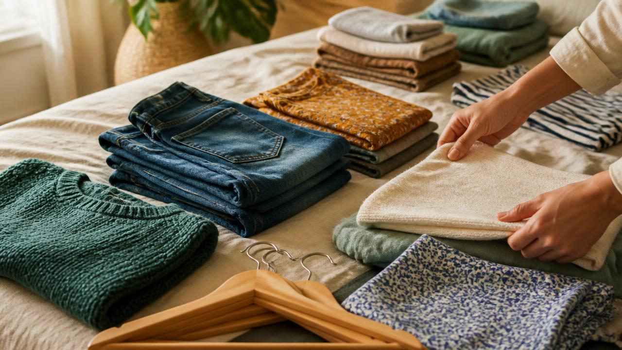 Hands sorting and folding clothes into neat piles